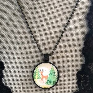 Black‎ Pendant Necklace With Forest Deer Image Topped With Glass HANDMADE